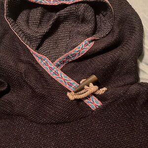 Cozy Brown Roxy Hooded Sweater with Patterned Trim